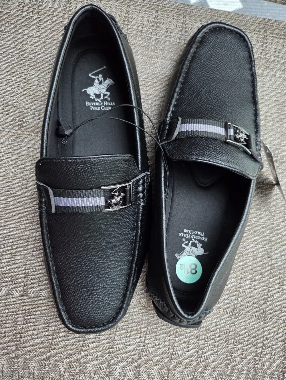 Beverly Hills Polo Club Men’s Black Loafers with Gray Stripe Accent Size 8.5